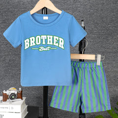 BROTHER Print Boy's 2pcs T shirt & Stripe Shorts Set for Summer
