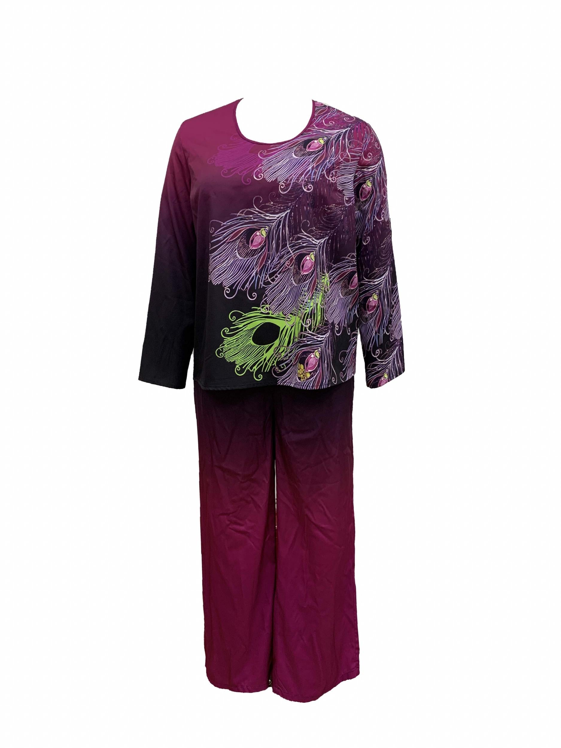 Women's Plus Peacock & Ombre Print Top & Pants Set