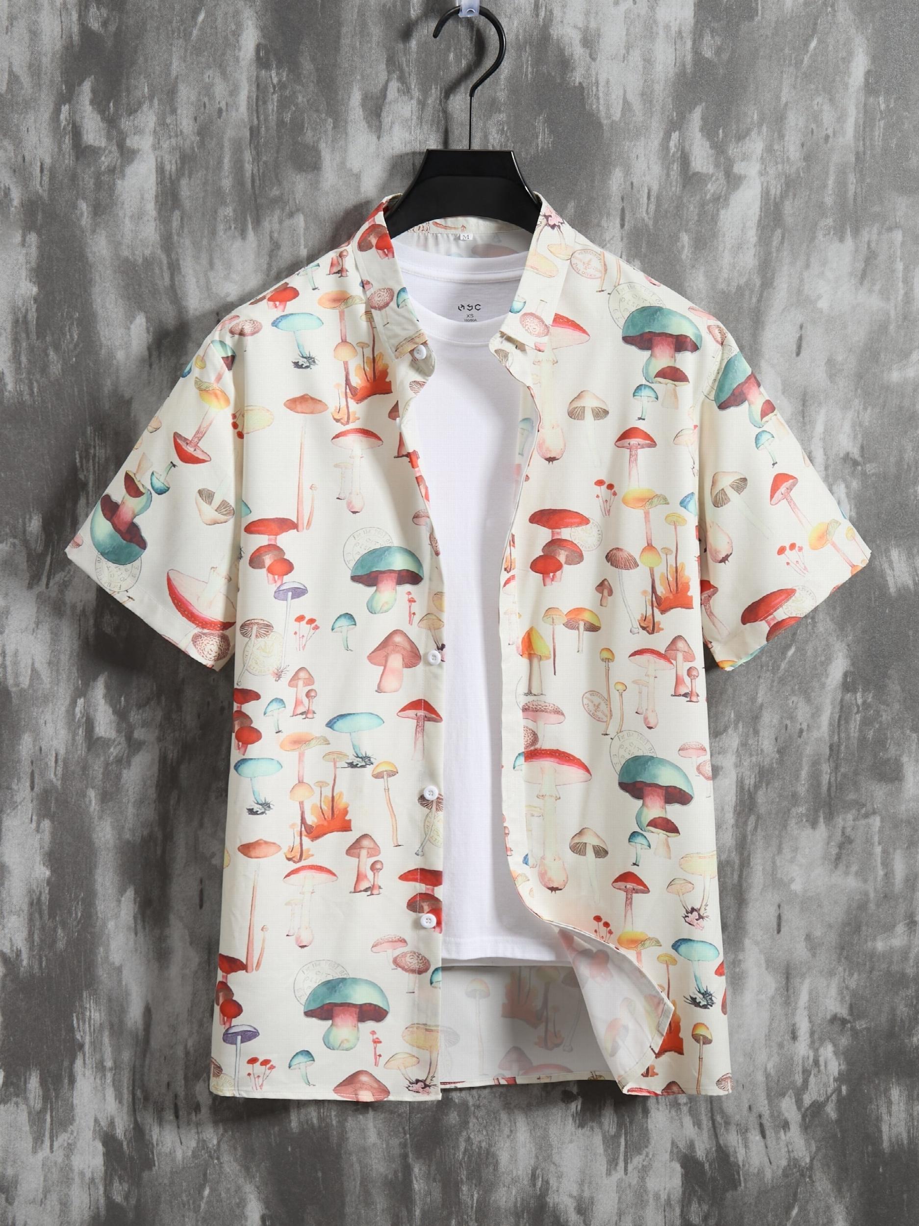 Men's Casual Mushroom Block Leaf Flower Pattern Print Short Sleeve Shirt