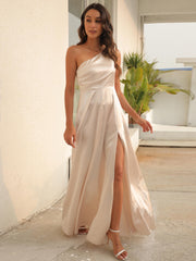 One Shoulder Split Bridesmaid Prom Dress Solid Guest Evening Gown