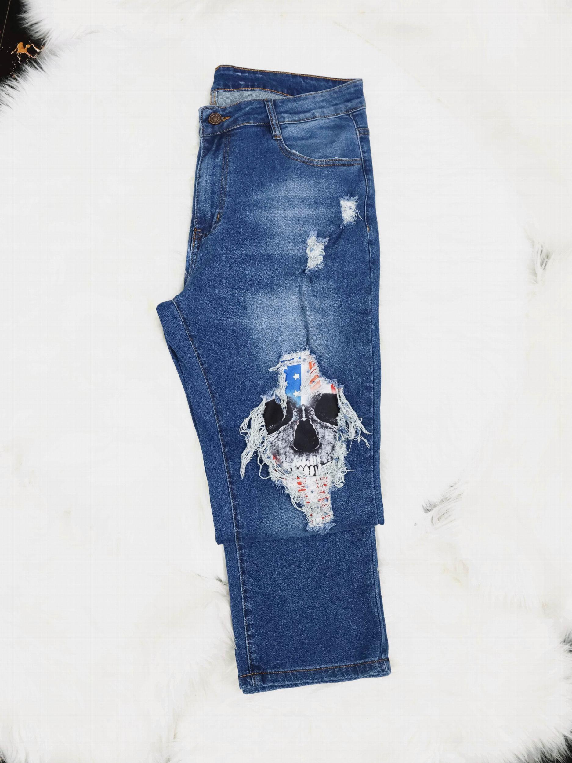 Skull Print Washed Button Fly Medium Stretch Jeans
