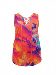 Tie Dye Print Criss Cross Tank Top Slight Stretch