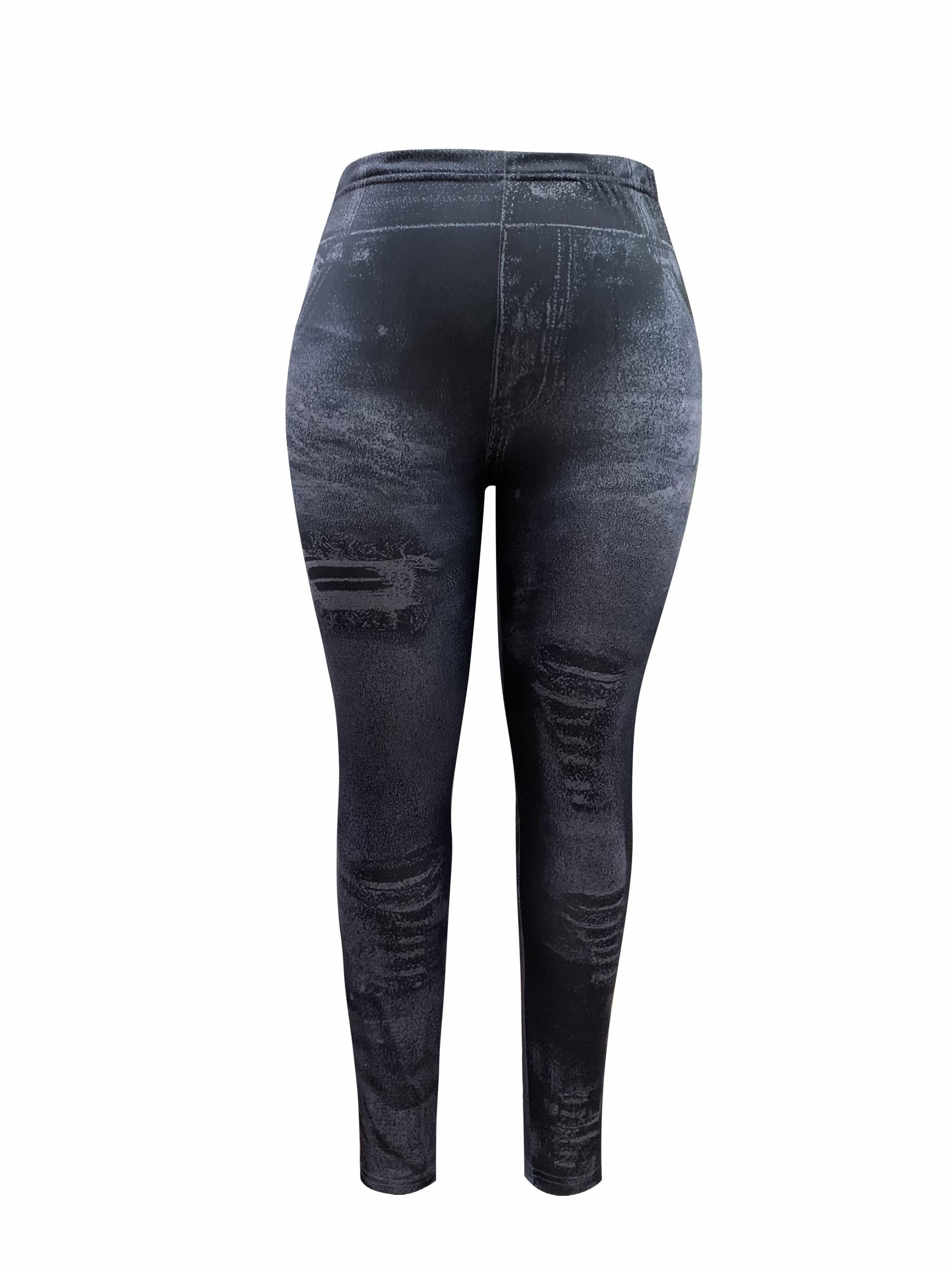 Distressed Denim Print High Rise Leggings Plus Size