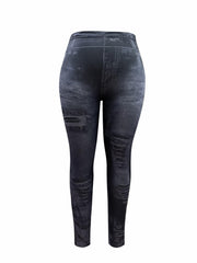 Distressed Denim Print High Rise Leggings Plus Size
