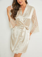 Lace Satin Night Robe Long Sleeve V Neck Belt Sleepwear
