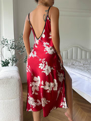 Floral Print Backless Nightdress V Neck High Split Spaghetti Strap Sleep Dress