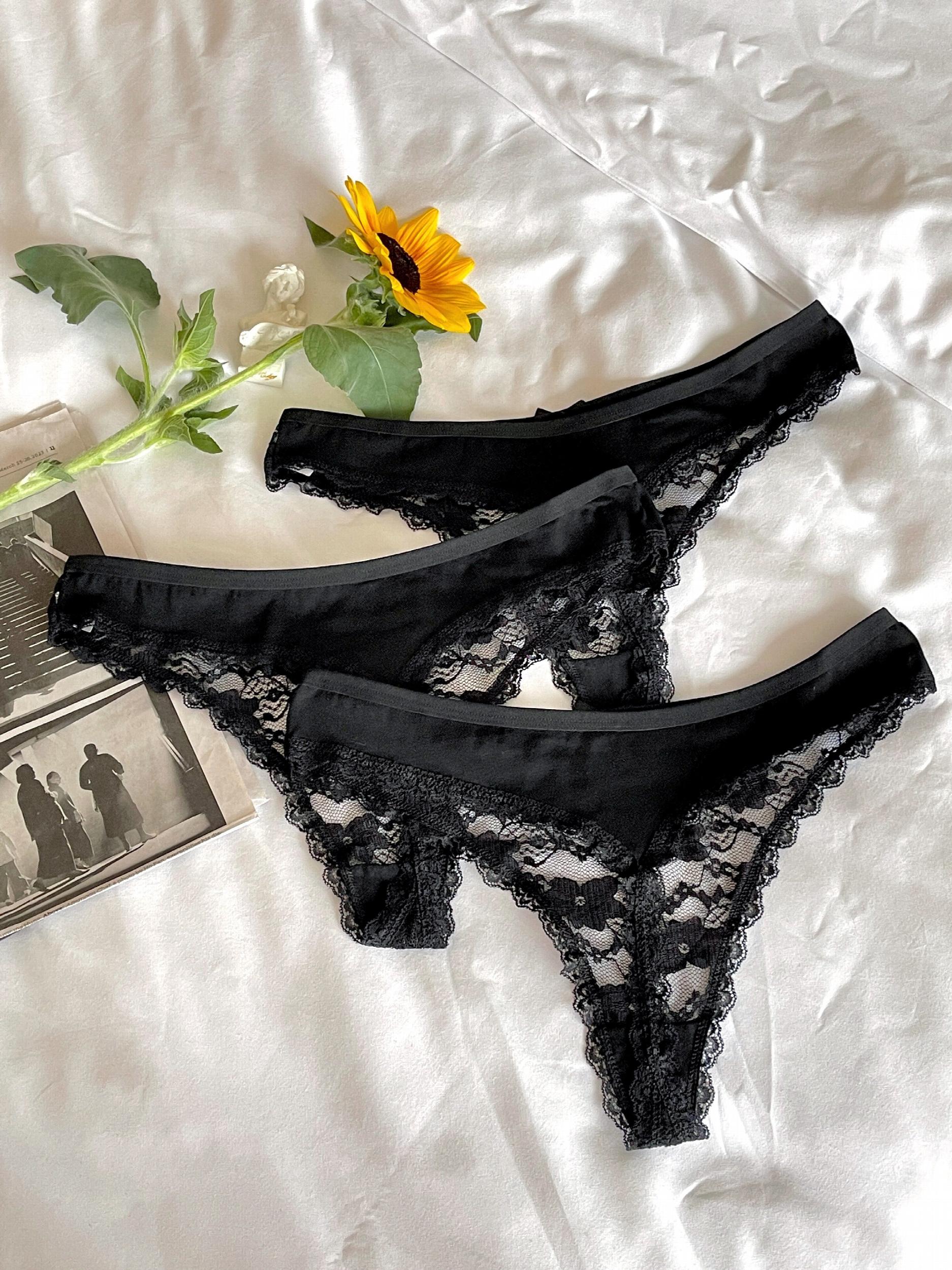3pcs Floral Lace Mesh Thongs Comfy Intimates Panties Women's Lingerie