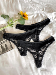 3pcs Floral Lace Mesh Thongs Comfy Intimates Panties Women's Lingerie