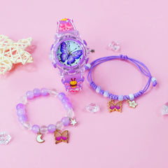 3pcs Girls' Pink & Clear Quartz Watch & Jewelry Set, Heart & Butterfly Bracelets