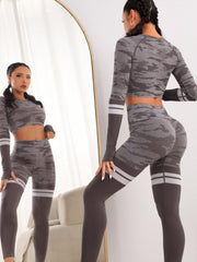 Camouflage Striped Long Sleeve Crop Top & Sports Set Suit