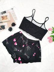 Cat Print Pajama Set Cami Top & Shorts