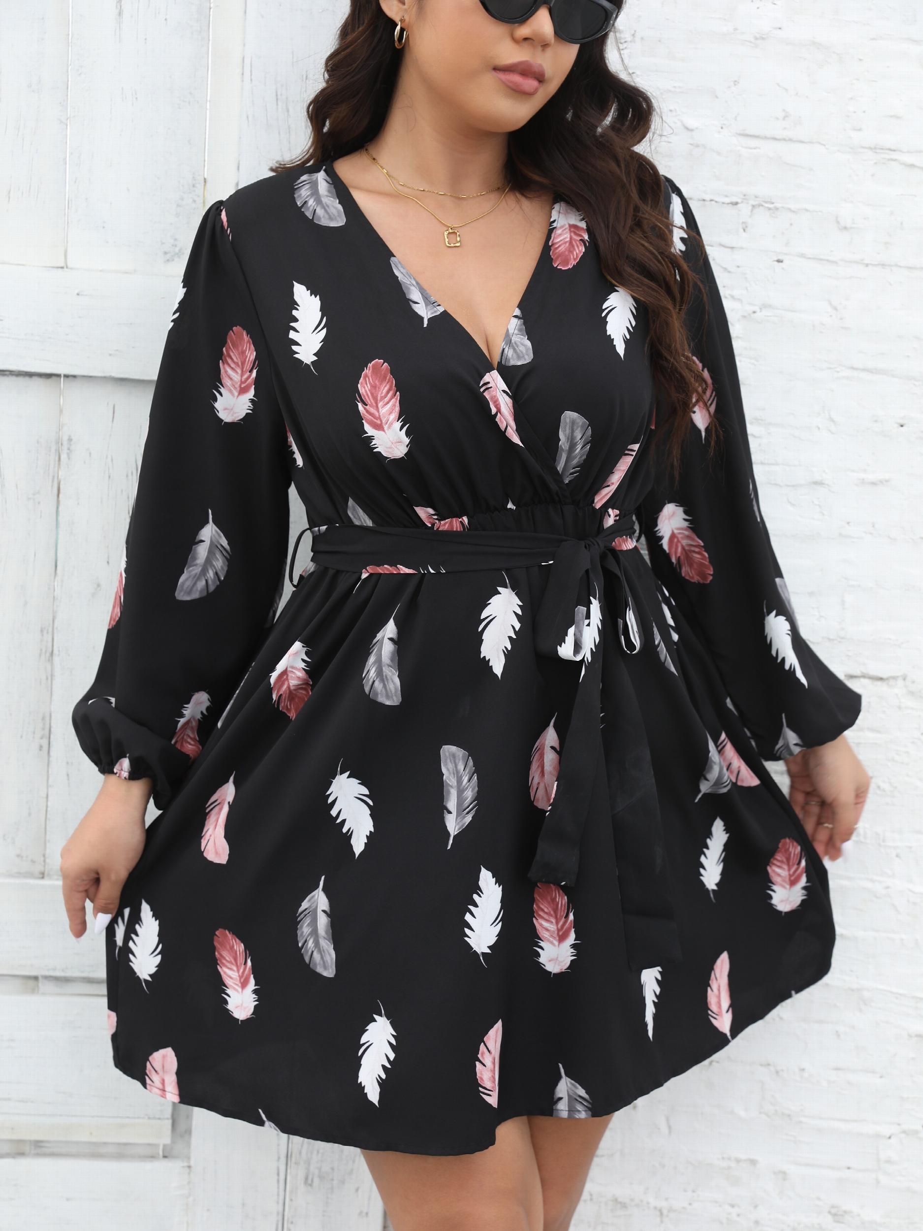 Feather Print Lantern Sleeve Belted Mini Dress