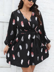 Feather Print Lantern Sleeve Belted Mini Dress