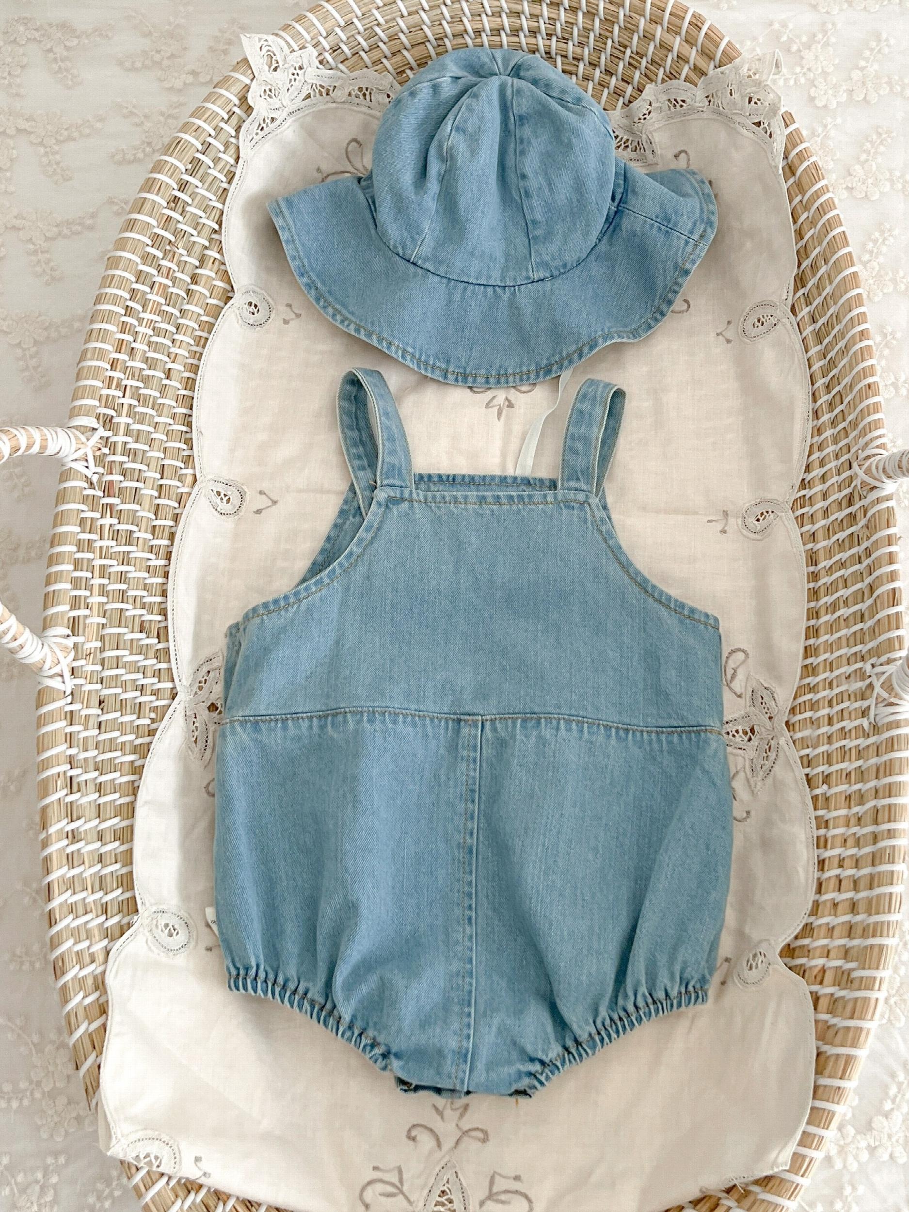 Baby Denim Triangle Bodysuit Hat 2pcs Set Girls Summer Outfit
