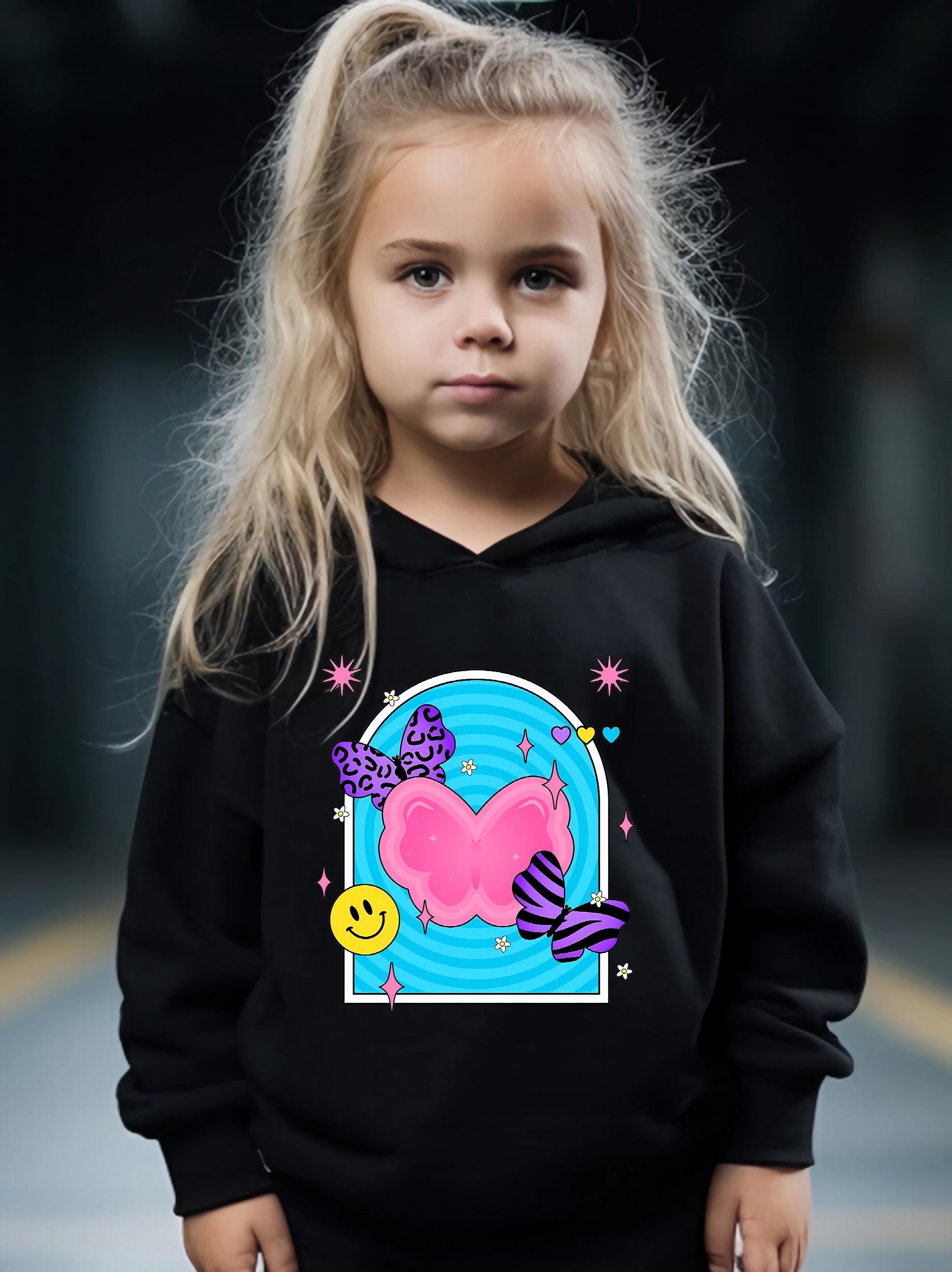 Butterfly Happy Face Long Sleeve Hooded Sweatshirt Girls