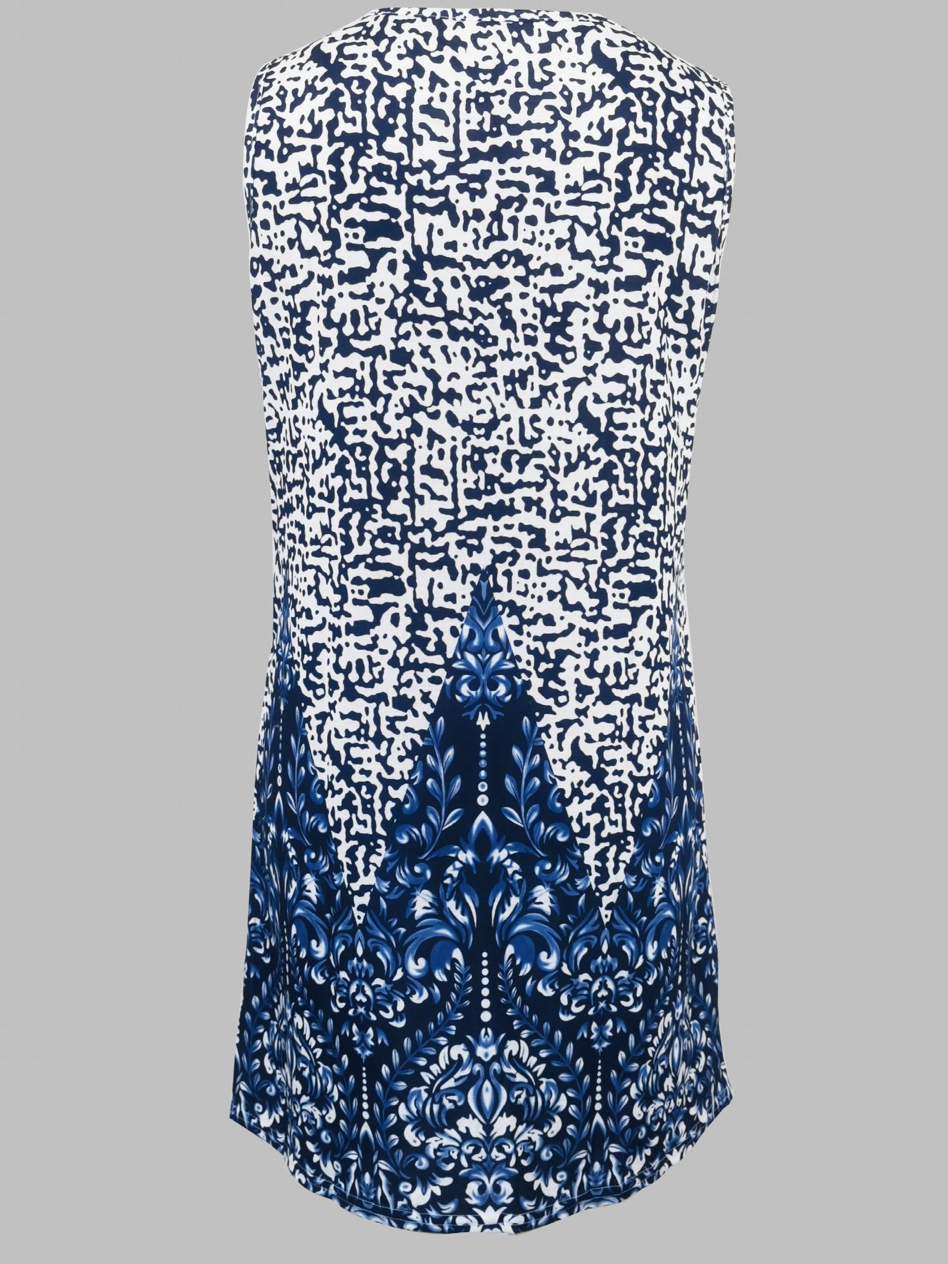 Block Print Keyhole Dress Boho Crew Neck Sleeveless Summer Dress