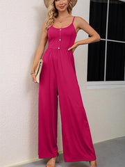 Casual Solid Button Spaghetti Jumpsuit Sleeveless Wide Leg Loose Waist Jumpsuit