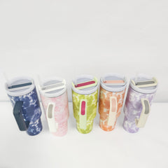 40oz Marble Printed Vacuum Flask Stainless Steel Tumbler w/ Straw & Handle