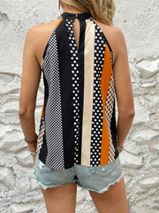 Striped Print Keyhole Top High Neck Sleeveless Top