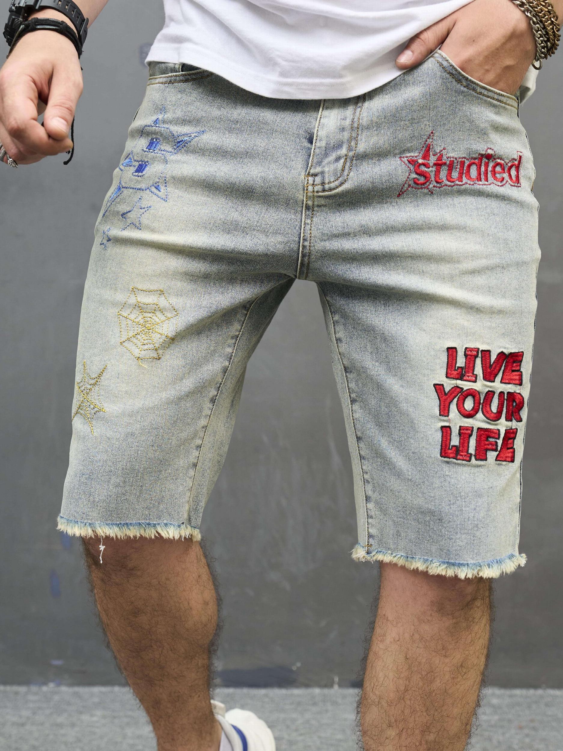 Vintage Ripped Denim Shorts Men's Casual Street Style Mid Stretch Denim Shorts