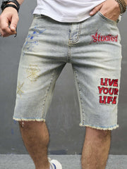 Vintage Ripped Denim Shorts Men's Casual Street Style Mid Stretch Denim Shorts