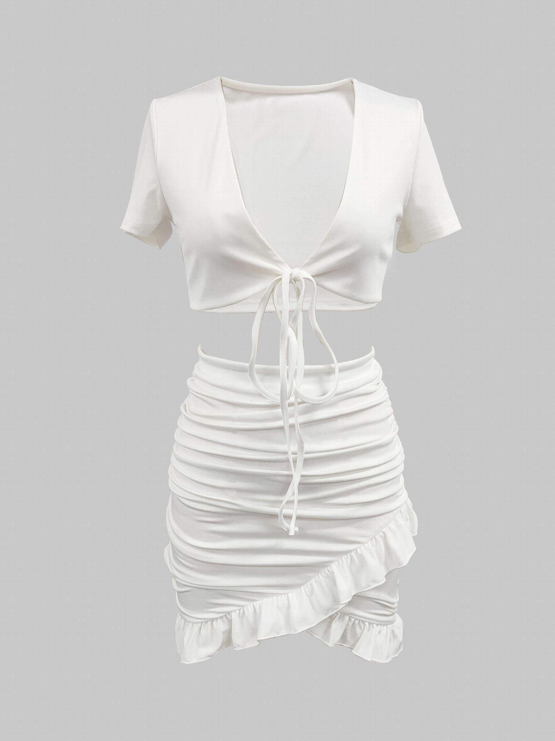 Casual Tie Front Short Sleeve Top & Ruched Bag Hip Skirt Set