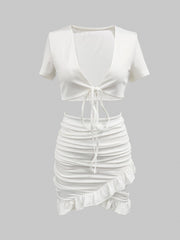 Casual Tie Front Short Sleeve Top & Ruched Bag Hip Skirt Set
