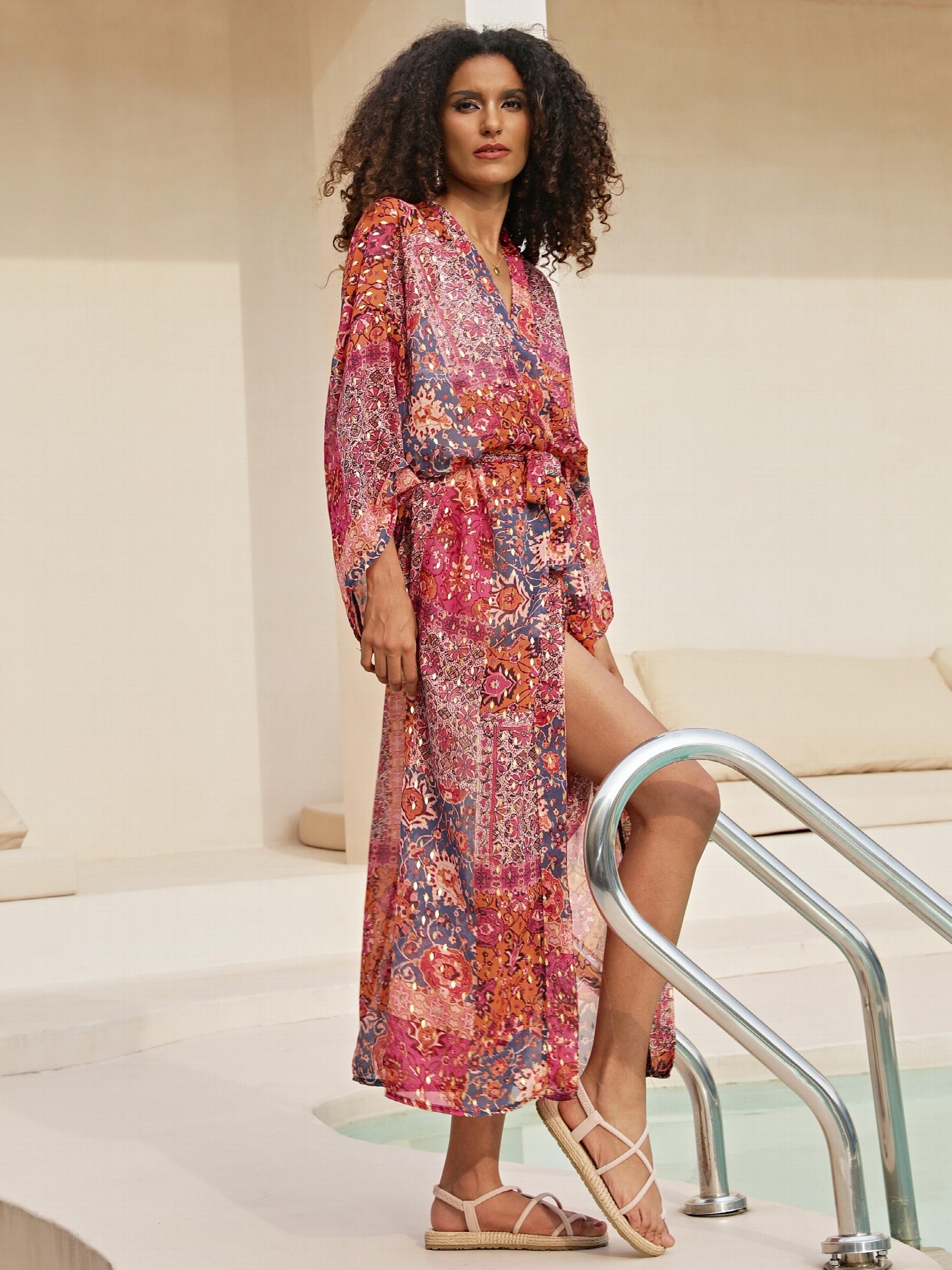 Floral Print Tie Belt Chiffon Cover Up Kaftan V Neck Kimono Sleeve