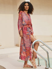 Floral Print Tie Belt Chiffon Cover Up Kaftan V Neck Kimono Sleeve