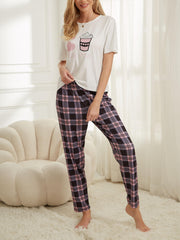 Print Pajama Set Short Sleeve Top & Plaid Lounge Pants Sleepwear
