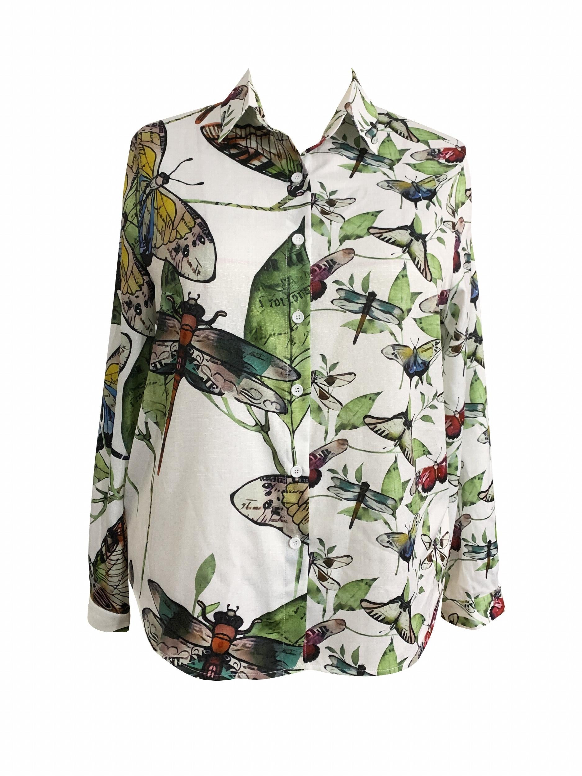 Dragonfly & Butterfly Print Long Sleeve Blouse