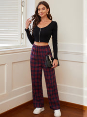 Plaid Elastic Waist Straight Leg Pants for Women