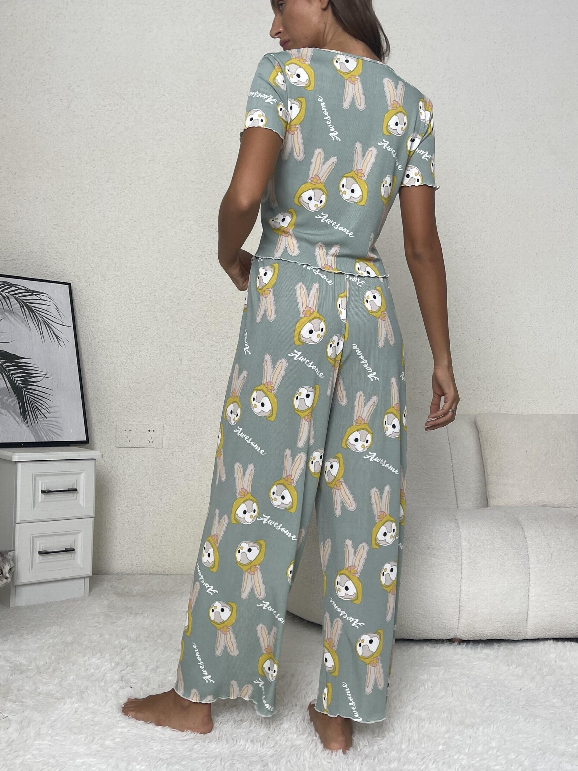 Cartoon Print Lounge Set Short Sleeve Crew Neck Top & Elastic Waistband Pants