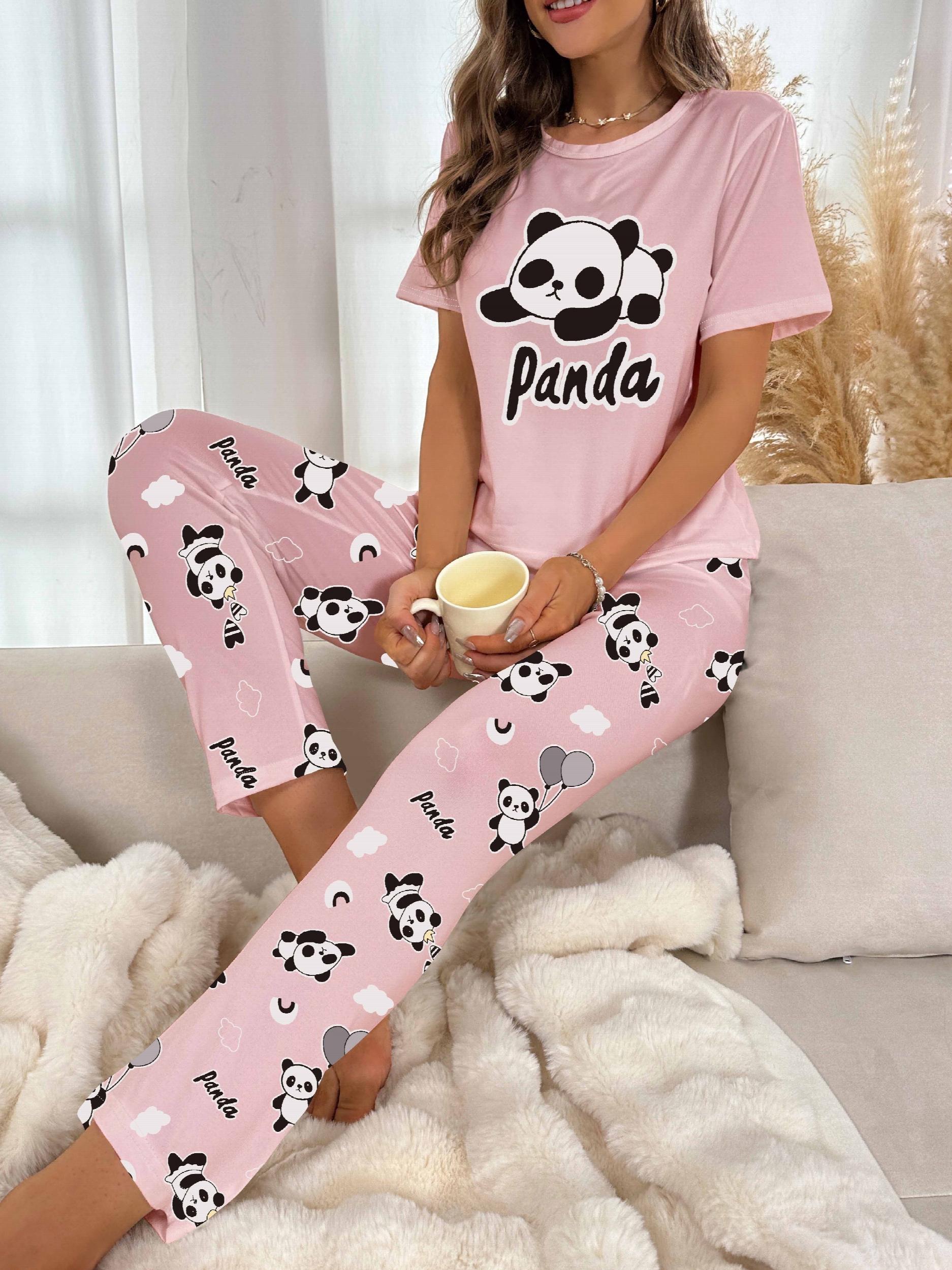 Panda Print Pajama Set Short Sleeve Top & Pants