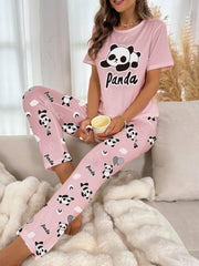 Panda Print Pajama Set Short Sleeve Top & Pants