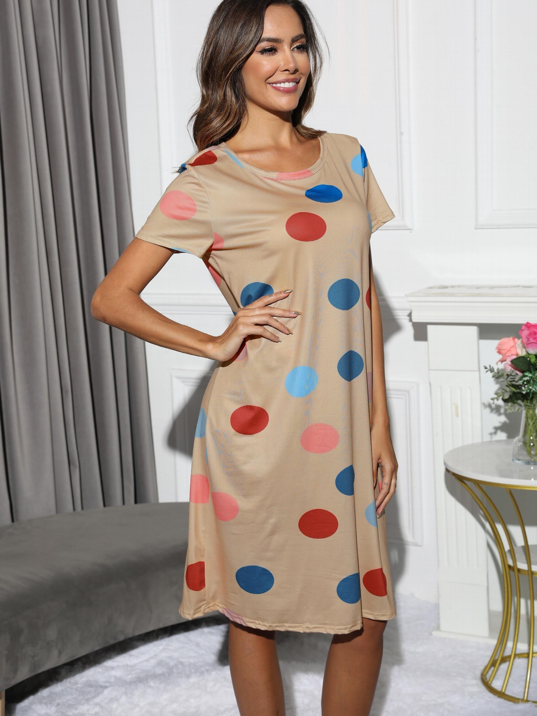 Polka Dot Print Nightdress Crew Neck Short Sleeve Sleep Dress Women's Sleepwear