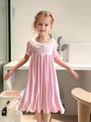 Girls Puff Sleeve Nightdress Lace Round Neck Dress Pajamas