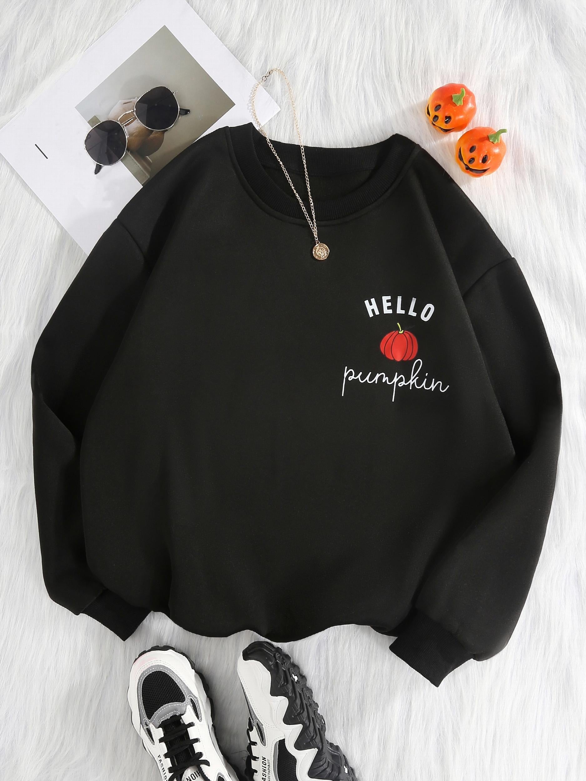 Pumpkin Print Sweatshirt Casual Long Sleeve Crew Neck Sweatshirt