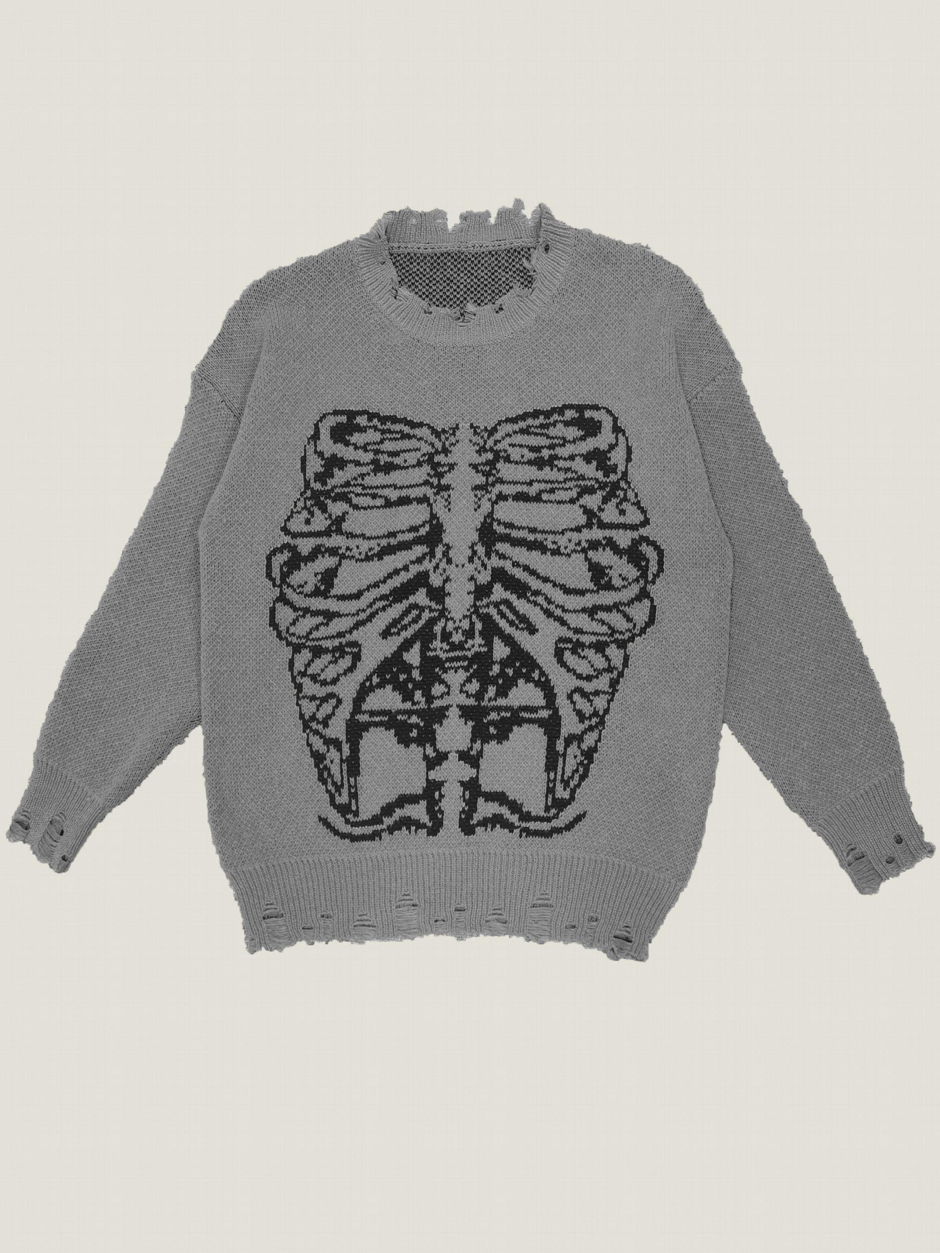 Goth Skeleton Print Ripped Sweater