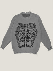 Goth Skeleton Print Ripped Sweater