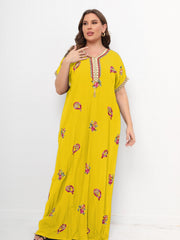 Floral Print Lace Panel Sleeve V Neck Maxi Kaftan Dress