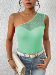 Heart Print Mesh Top One Shoulder Sexy Sleeveless Asymmetrical Top