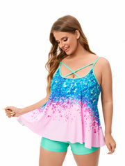 Women's Plus Size Sequin Print Criss Cross Tankini Set