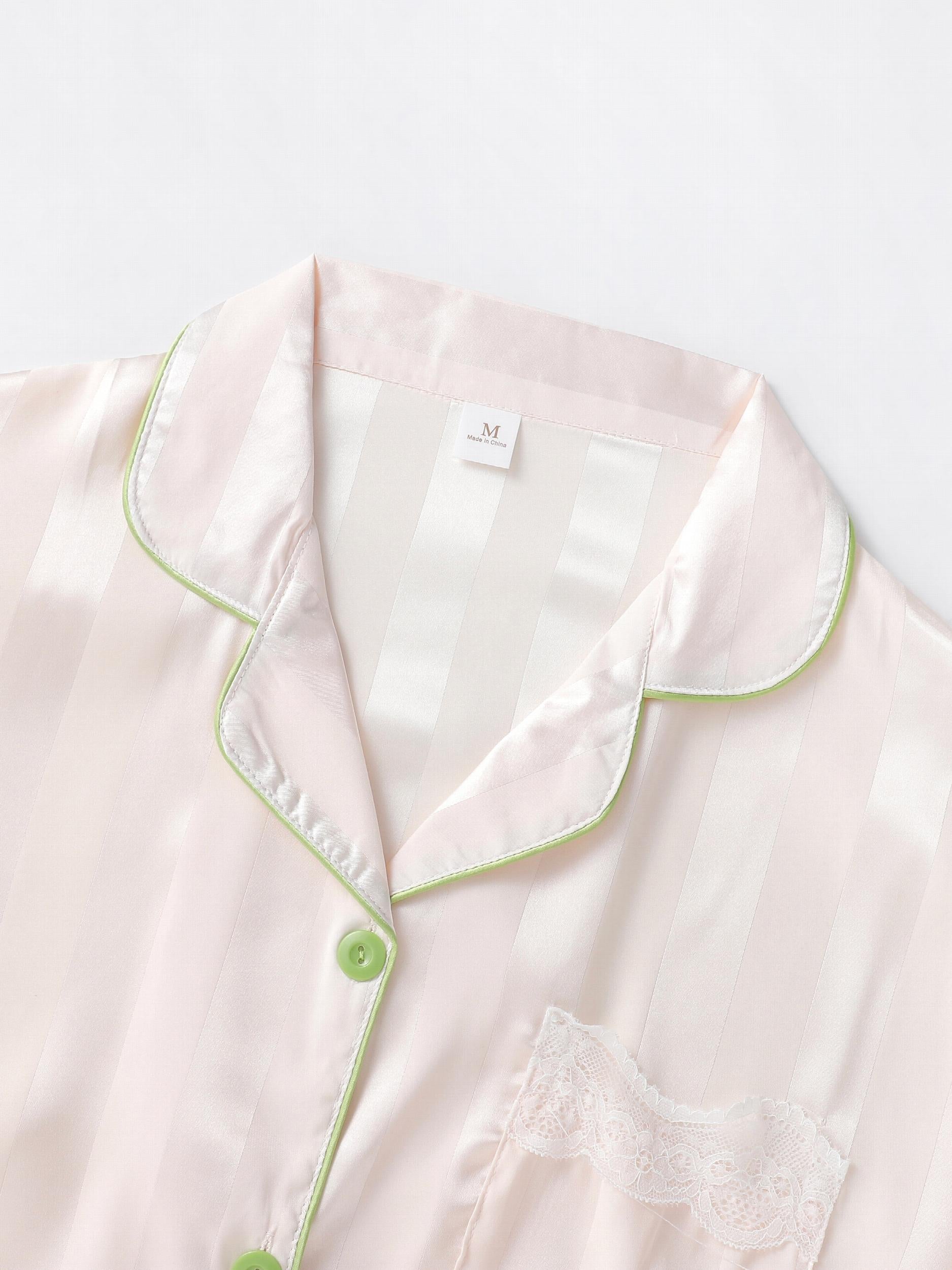 Striped Satin PJ Set Long Sleeve Top & Lace Trim Pants Sleepwear