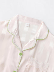 Striped Satin PJ Set Long Sleeve Top & Lace Trim Pants Sleepwear