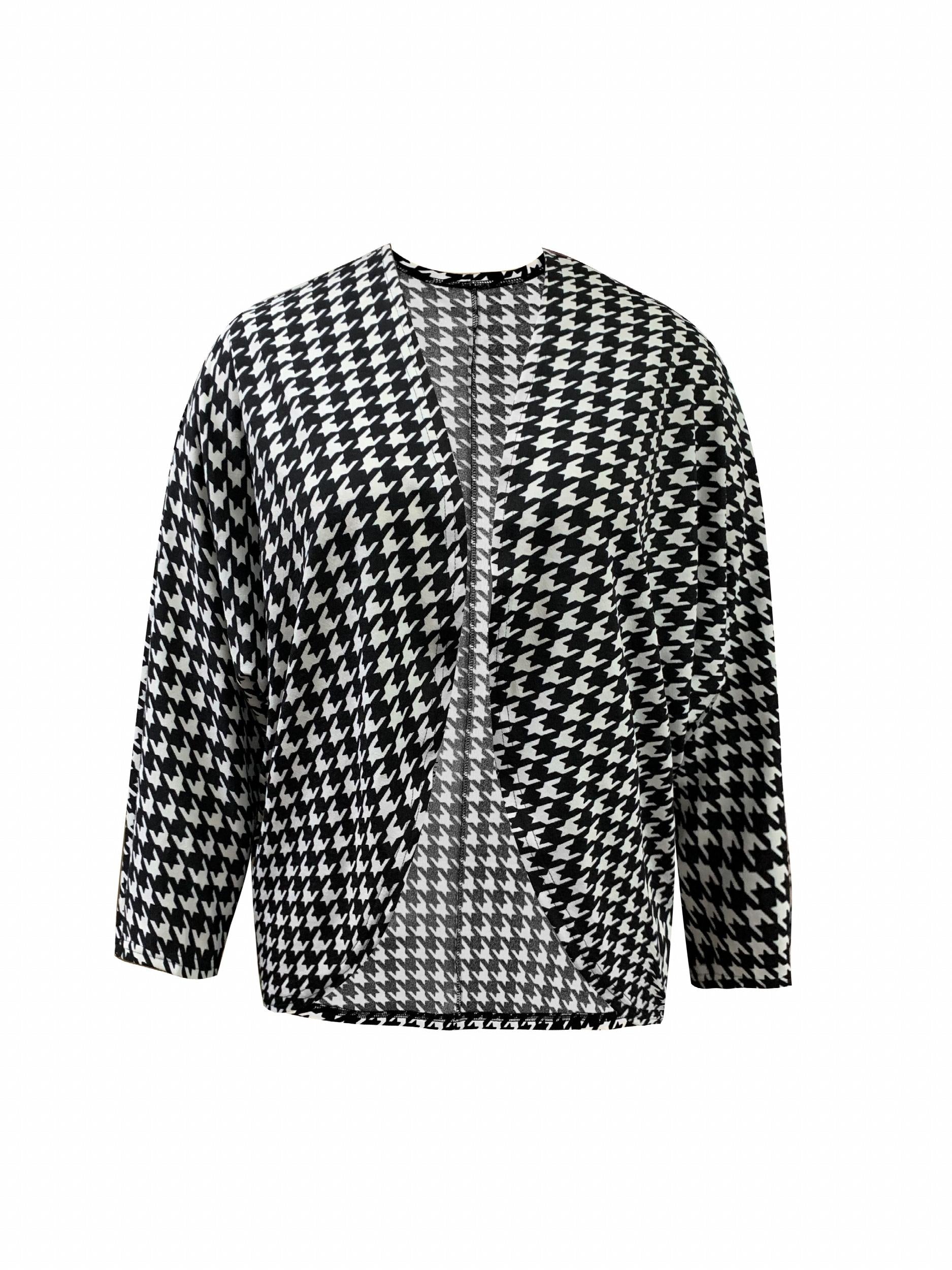 Houndstooth Print Batwing Sleeve Cardigan