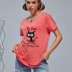 Cartoon Cat Print Short Sleeve T-shirt for Women