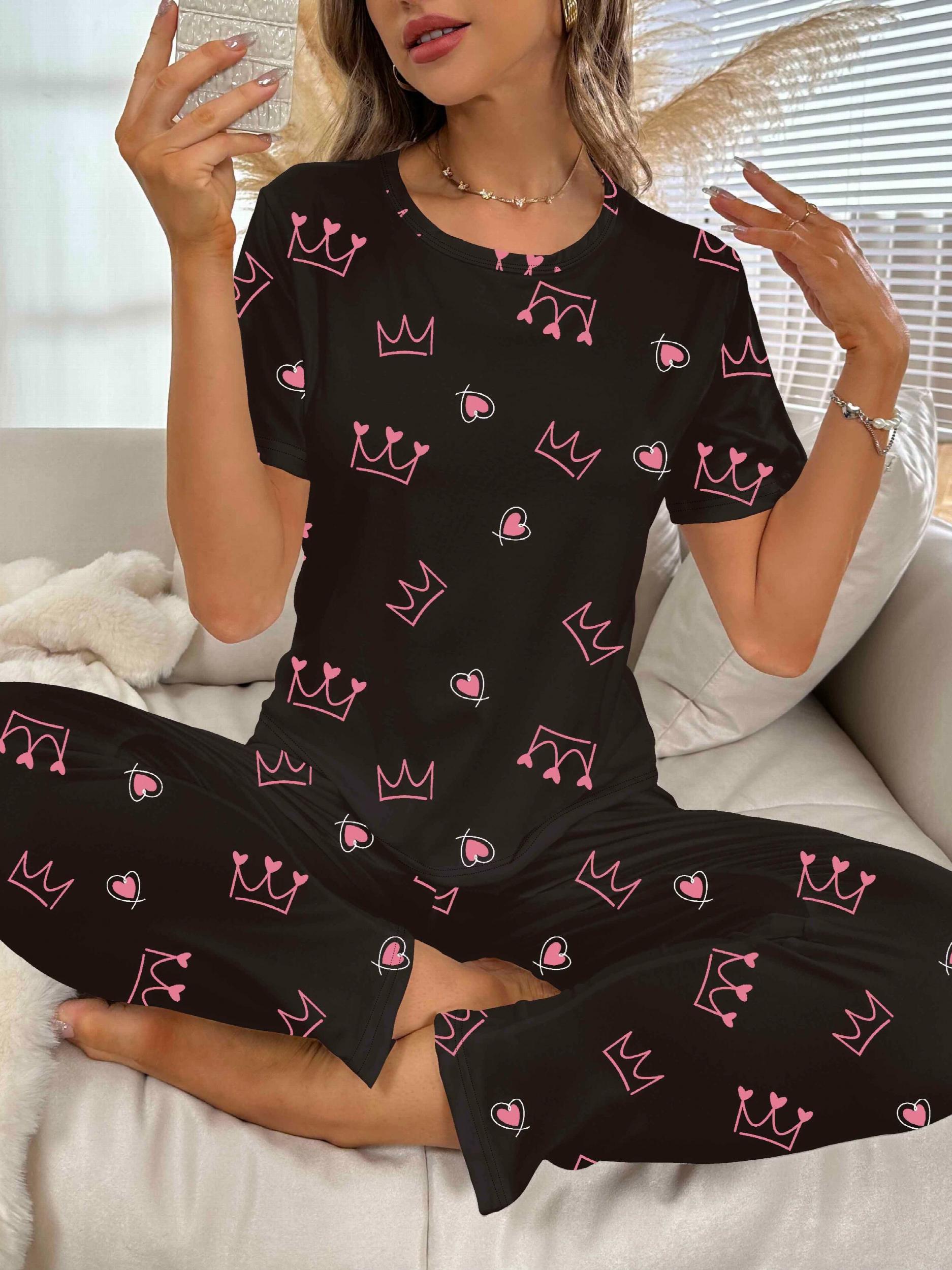 Crown Print Pajama Set Short Sleeve Crew Neck Top & Elastic Waistband Pants