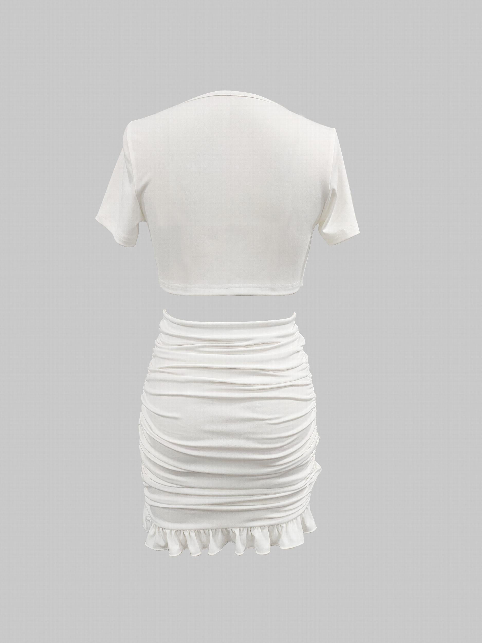 Casual Tie Front Short Sleeve Top & Ruched Bag Hip Skirt Set