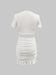 Casual Tie Front Short Sleeve Top & Ruched Bag Hip Skirt Set